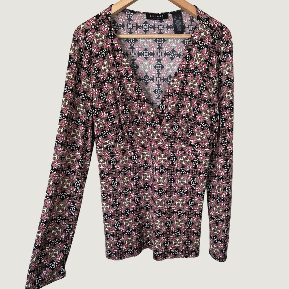 Axcess‎ Pink Black Y2K Geometric Grunge V-Neck BabyDoll Long Sleeve Top XL